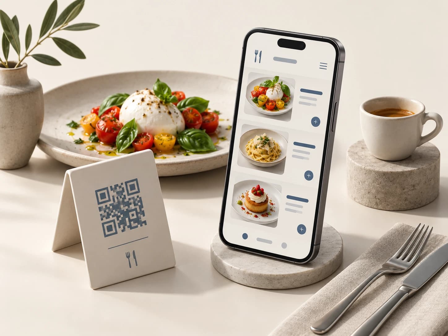 Illustrazione di un menù digitale su smartphone con supporto QR da tavolo