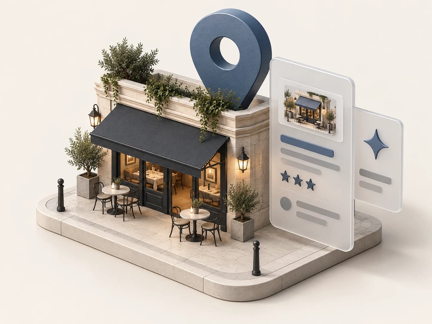 Miniatura di un ristorante con segnaposto sulla mappa e schede di ricerca