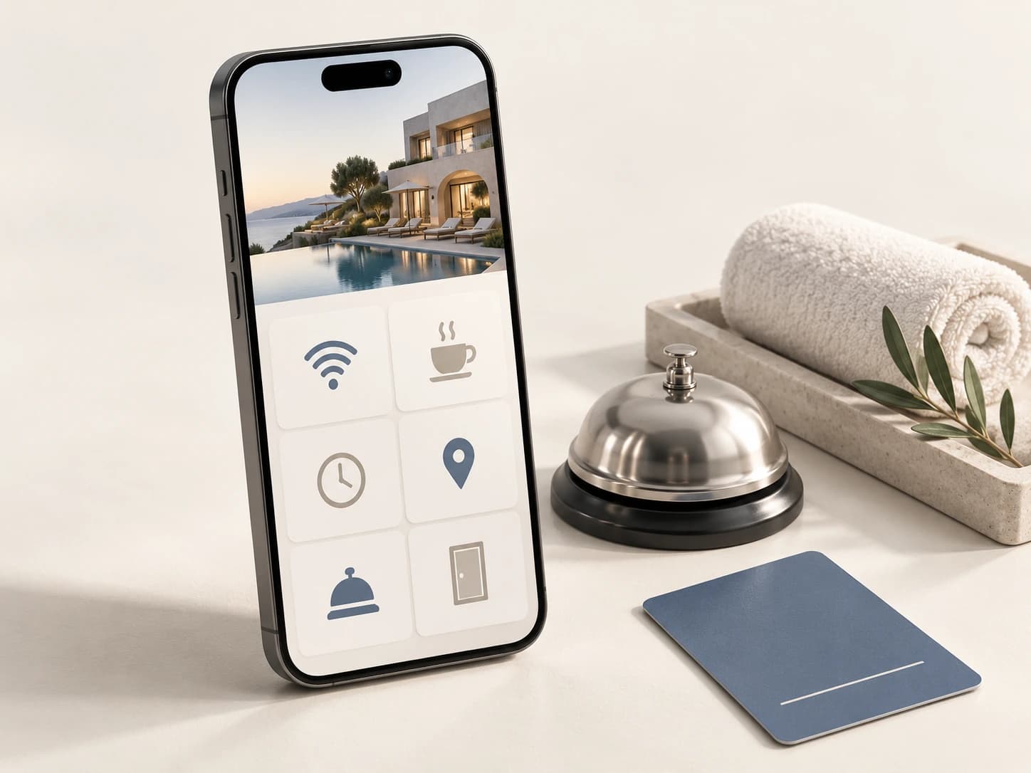 Guida ospiti su smartphone con icone dei servizi e campanello della reception