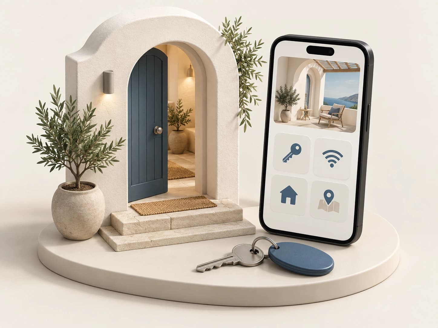 Ingresso di un alloggio, chiave e smartphone con guida per il soggiorno