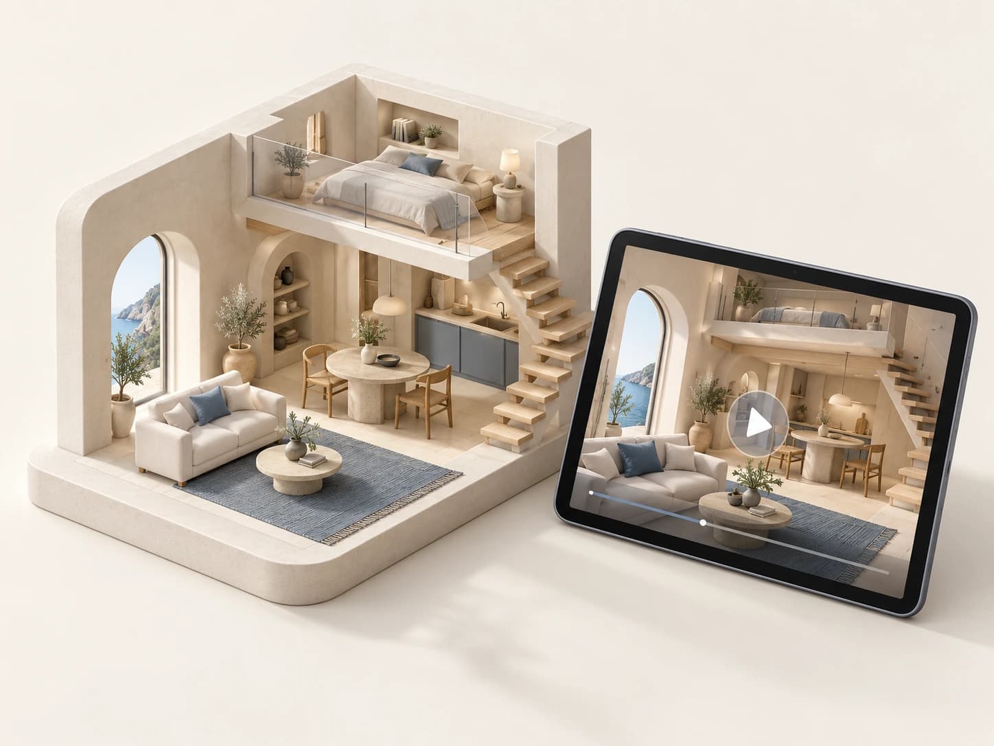 Miniatura di un appartamento con tablet che ne mostra la presentazione video
