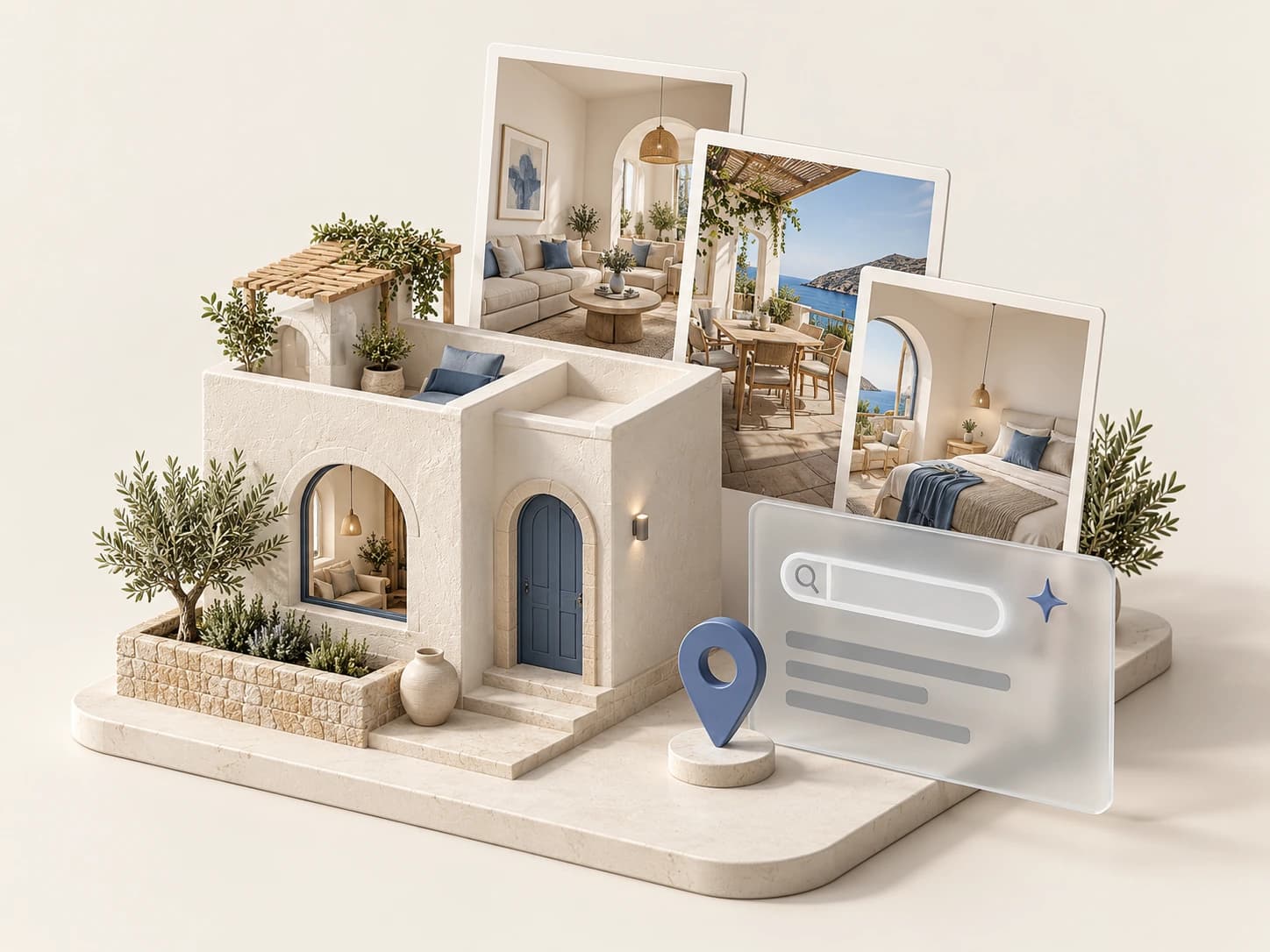 Alloggio in miniatura con fotografie degli ambienti, scheda di ricerca e segnaposto